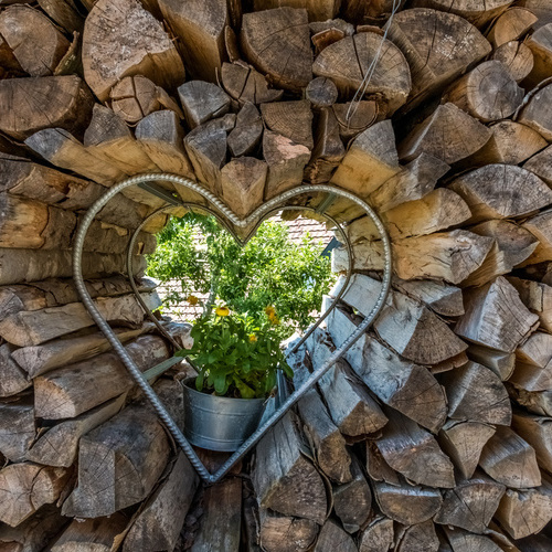 Herzform in einem Holzstapel  - 