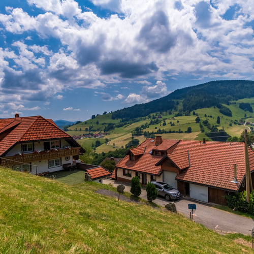 Das Haus Alpensicht im Hintergrund die Berglandschaft mit gr&uuml;nen Wiesen und W&auml;ldern - 
